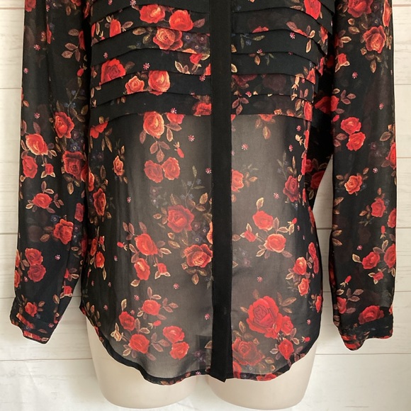 The Kooples Size XXS Romantic Floral Print Black Sheer button front Blouse - Picture 5 of 9
